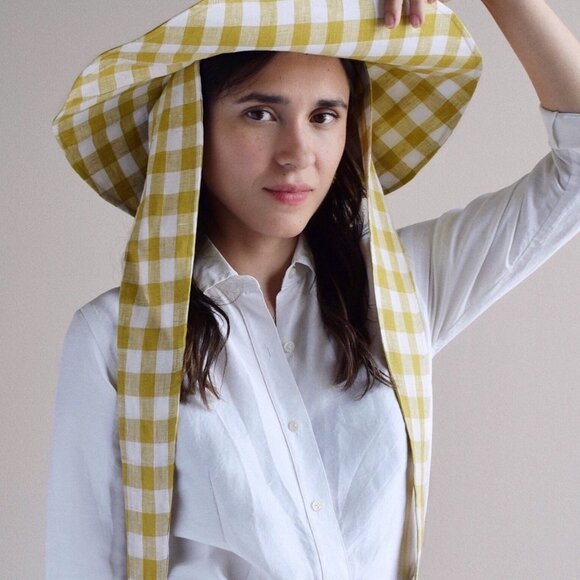 Bien Fifi Olive Gingham Cotton/Linen Tie Sunhat - Picture 6 of 8